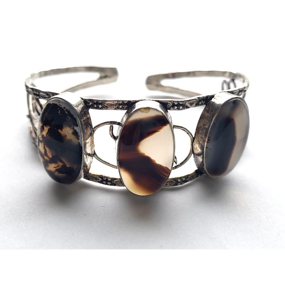 VTG 925 Sterling Silver Triple Montana Moss Agate Large Cuff Southwest